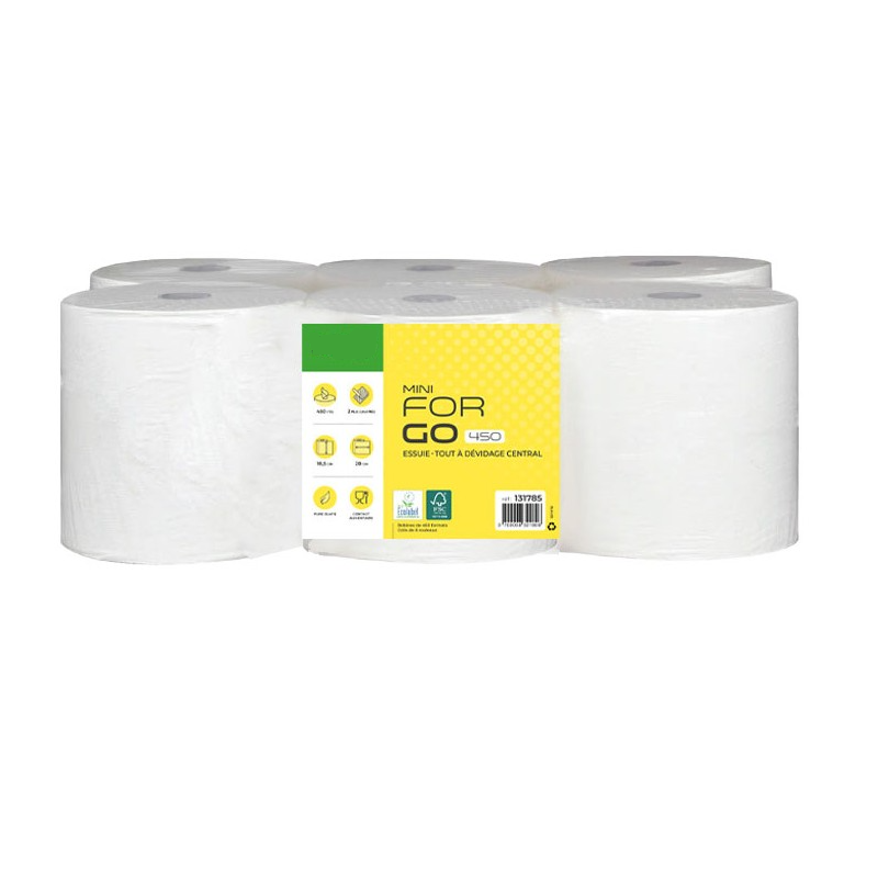 Petite bobine essuie-tout à dévidage central 450 formats pure ouate blanche double épaisseur gaufrée Ecolabel colis de 6