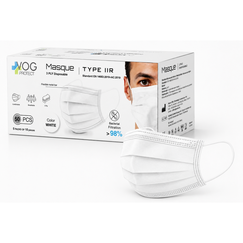 Masques chirurgicaux blancs 3 plis Type IIR à usage unique – Boîte de 50