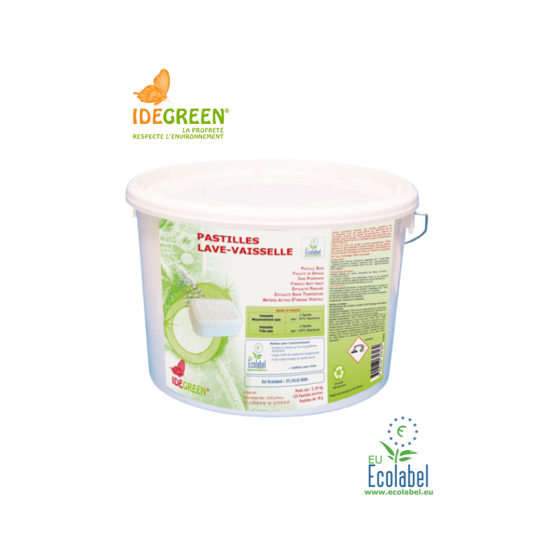 IDEGREEN Ecolabel pastilles pour lave-vaisselle et lave-verres seau 125 pastilles
