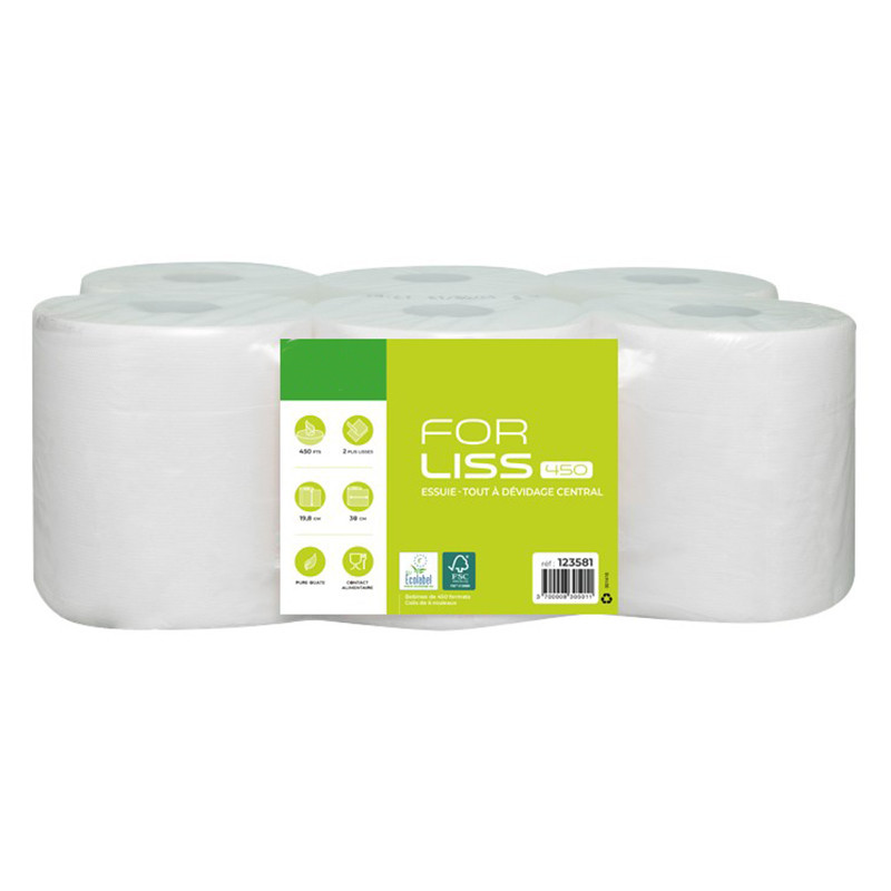 Bobine essuie-tout dévidage central 450 formats pure ouate blanche double épaisseur Ecolabel colis de 6