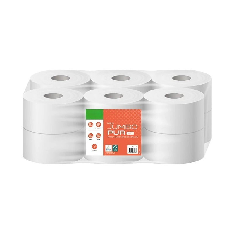 Papier hygiénique Mini Jumbo 180 m pure ouate blanche double épaisseur gaufrée Ecolabel colis de 12
