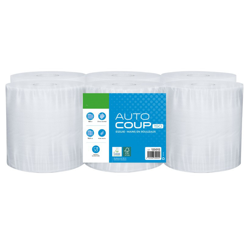Essuie-mains blanc AUTOCOUP 150 m pure ouate blanche double épaisseur gaufrée Ecolabel colis de 6