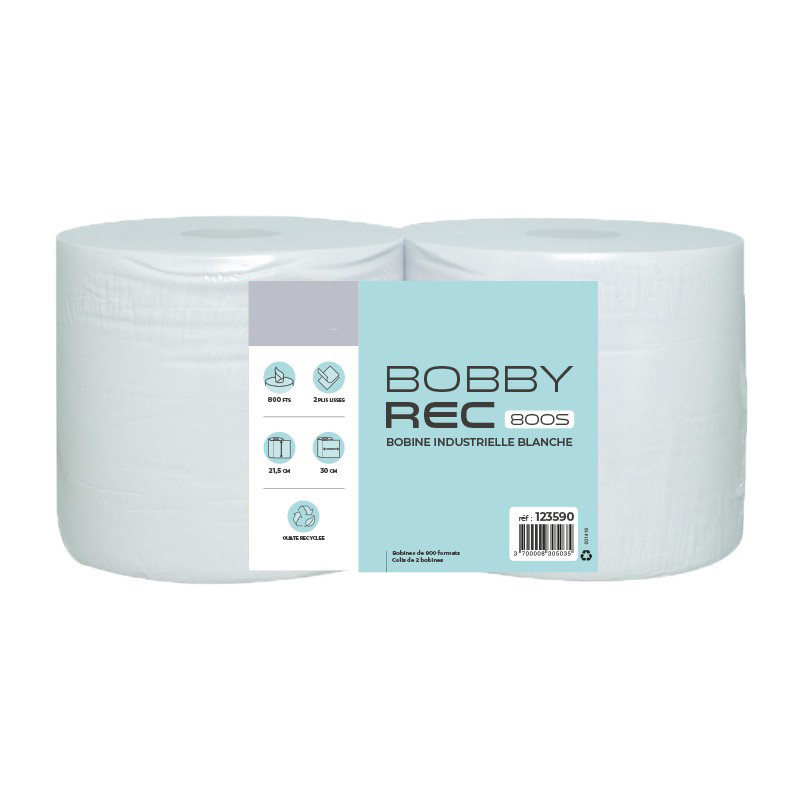 Bobine essuie-tout industrielle recyclée blanche 2 plis – 800 formats