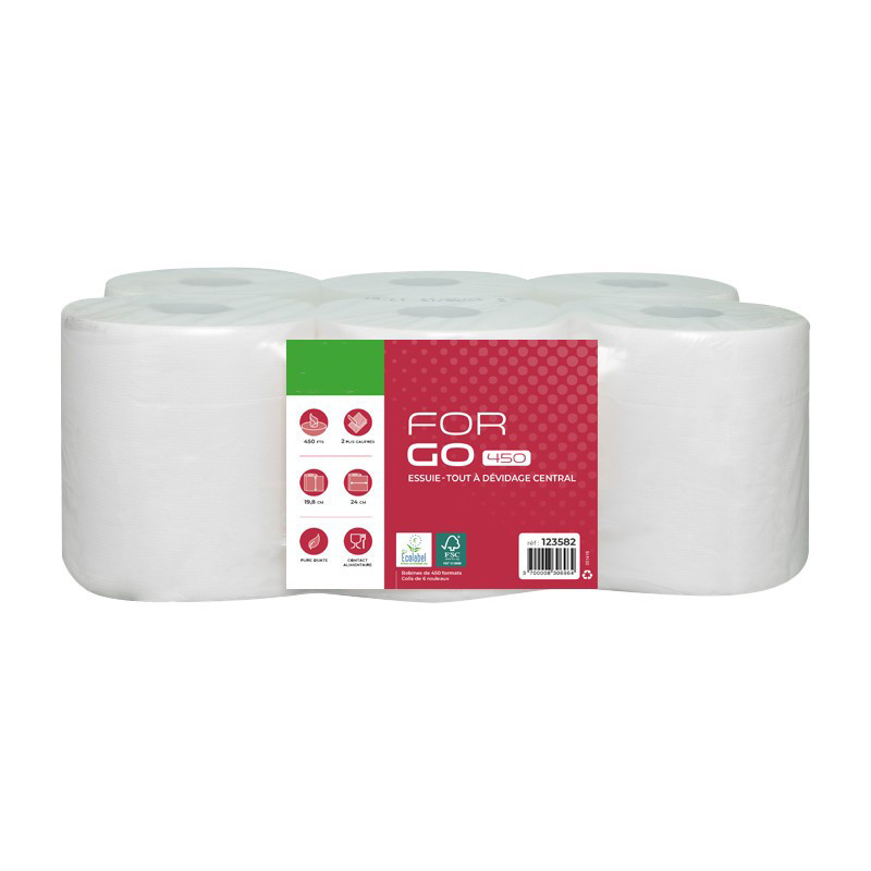 Bobine essuie-tout à dévidage central blanche en pure ouate – 450 formats